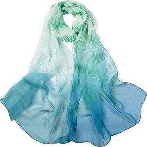 Women's Blue Green Fashion Lightweight Head Scarf Floral Print Chiffon Scarves
